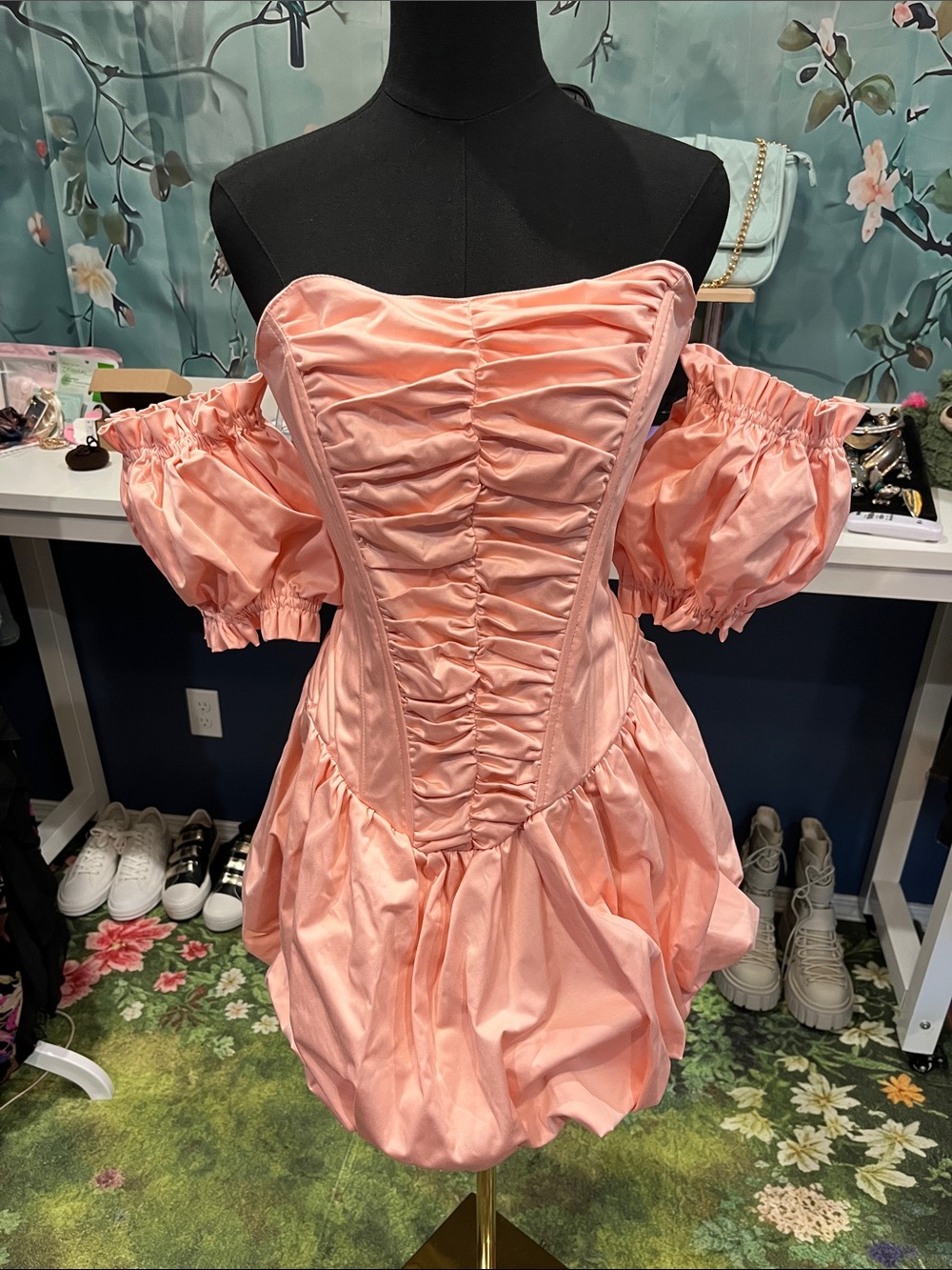NWOT Sugar Thrillz Peach Ruched Off-Shoulder Bubble Dress
